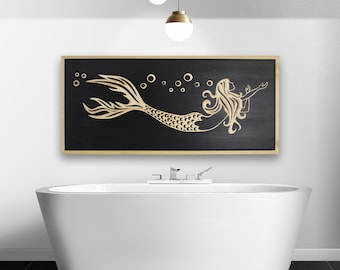 Art mural sirène en bois sculpté | Décoration côtière nautique