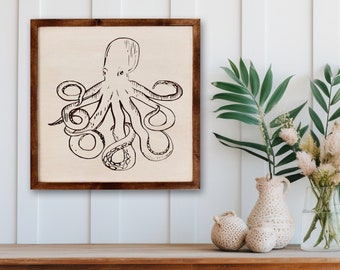 Décoration murale en bois de Kraken sculpté - Pieuvre rustique encadrée