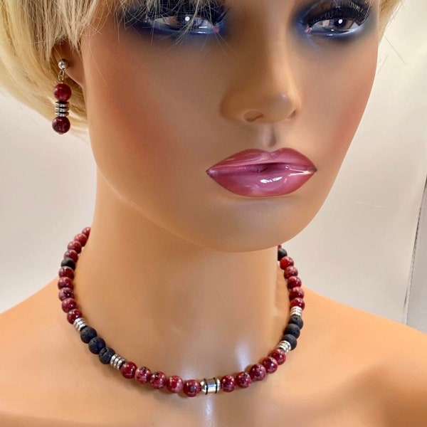 Necklace and earrings set in semi-precious stones Red sesame jasper and lava stones with magnetic clasp (NBC-136)