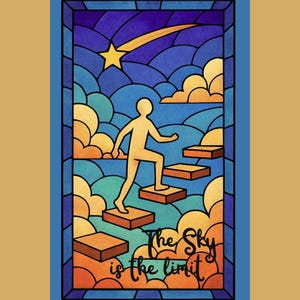 May include: A stained-glass style artwork featuring a figure climbing steps toward a star and a shooting star against a blue sky. The text "The Sky is the limit" is at the bottom.
