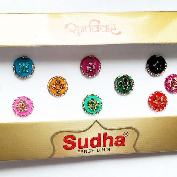 Bollywood party wear Round Bindis forehead Stickers Multicolored velvet popular Bindis with Gold Stone Outline Indian wedding Face Jewels