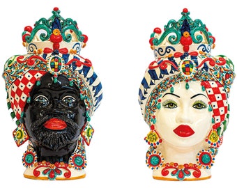 Moor's Heads in Sicilian Ceramic Caltagirone Multicolor L. 28 X H. 50 cm