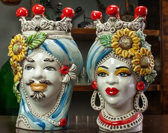 Sicilian Ceramics "Moorish Head" - Sicilian ceramic Moor heads Sunflowers L. 20 X H. 33 cm