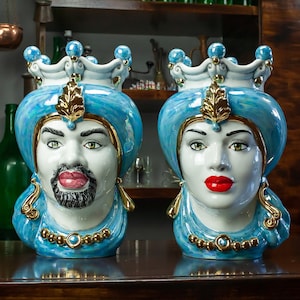Sicilian ceramic Moor&#39;s heads from Caltagirone, pearly blue, L. 20 x H. 35 cm