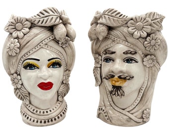 Sicilian Ceramics "Heads Vases" - Moor heads in Sicilian ceramic, Bianco Antico L. 19 X H. 27 cm