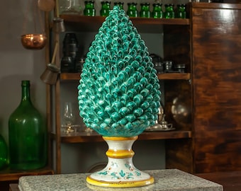 Piña Siciliana De Cerámica Artesanal De Caltagirone - Hecha A Mano, Altura 8/9 Cm, Varios Colores, Verde Cobre