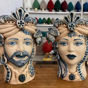 Sicilian Ceramics &quot;Moorish Head&quot; - Sicilian Ceramic Moorish Heads Blue Antique L. 20 x H. 27 cm