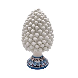 Sicilian Ceramic Pinecone &quot; Pinecone &quot; White with Decorated Base L.17 x H. 30 cm