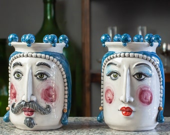 Collectibles! Sicilian Ceramic Moor&#39;s Heads Blue L. 13 x H. 17 cm