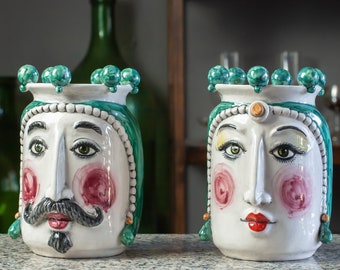 Collectibles! Moor&#39;s heads in green Sicilian ceramic L. 13 x H. 17 cm