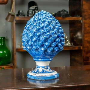 Blue Sicilian Ceramic Pine Cone L. 20 x H. 32 cm
