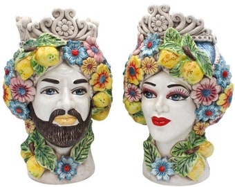 Sicilian Ceramic Head Vases - Sicilian Moor&#39;s heads flower model L. 21 x H. 30 cm
