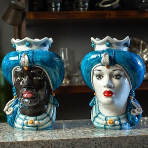 Pair of Sicilian ceramic Moor&#39;s heads Caltagirone blue turban 23 cm