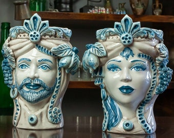 Sicilian Ceramics &quot;Moor Head Vases&quot; - Sicilian Ceramic Moor Heads Blue Antique L. 20 x H. 27 cm