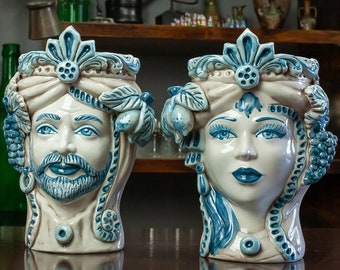 Sicilian Ceramics "Moor Head Vases" - Moor heads in Antique Blue Sicilian ceramic L. 20 x H. 27 cm