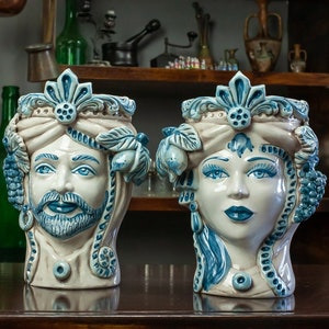Sicilian Ceramics "Moor Head Vases" - Moor heads in Antique Blue Sicilian ceramic L. 20 x H. 27 cm