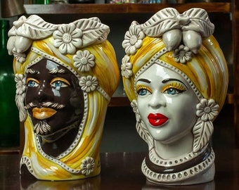 Sicilian Ceramics &quot;Head Vases&quot; - Sicilian Ceramic Moor&#39;s Heads Yellow with Fruit L. 18 X H. 27 cm
