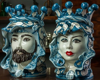 Céramique sicilienne "Vases Têtes" - Têtes de lande en céramique sicilienne Bleu L. 23 X H. 33 cm