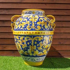 Handmade Antique Caltagirone Jar - Double Handles, Raised Belt - Cobalt Blue Ornament - L 66 x H 75 cm - Sicily - Made in Italy