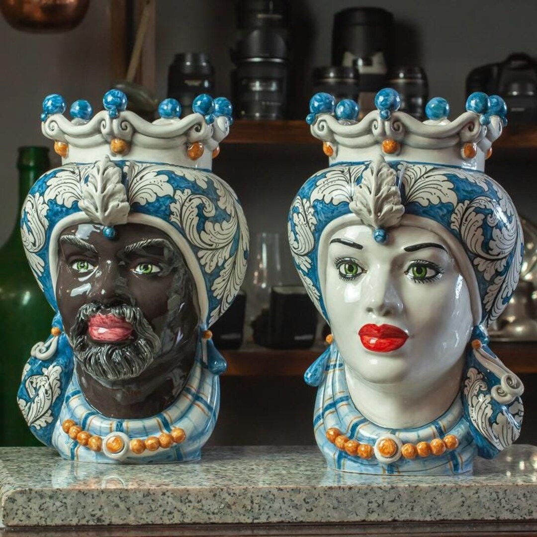 CERAMICHE DI SICILIA 花瓶 Sicilian Ceramic Head Vases - Sicilian Ceramic Heads Blue