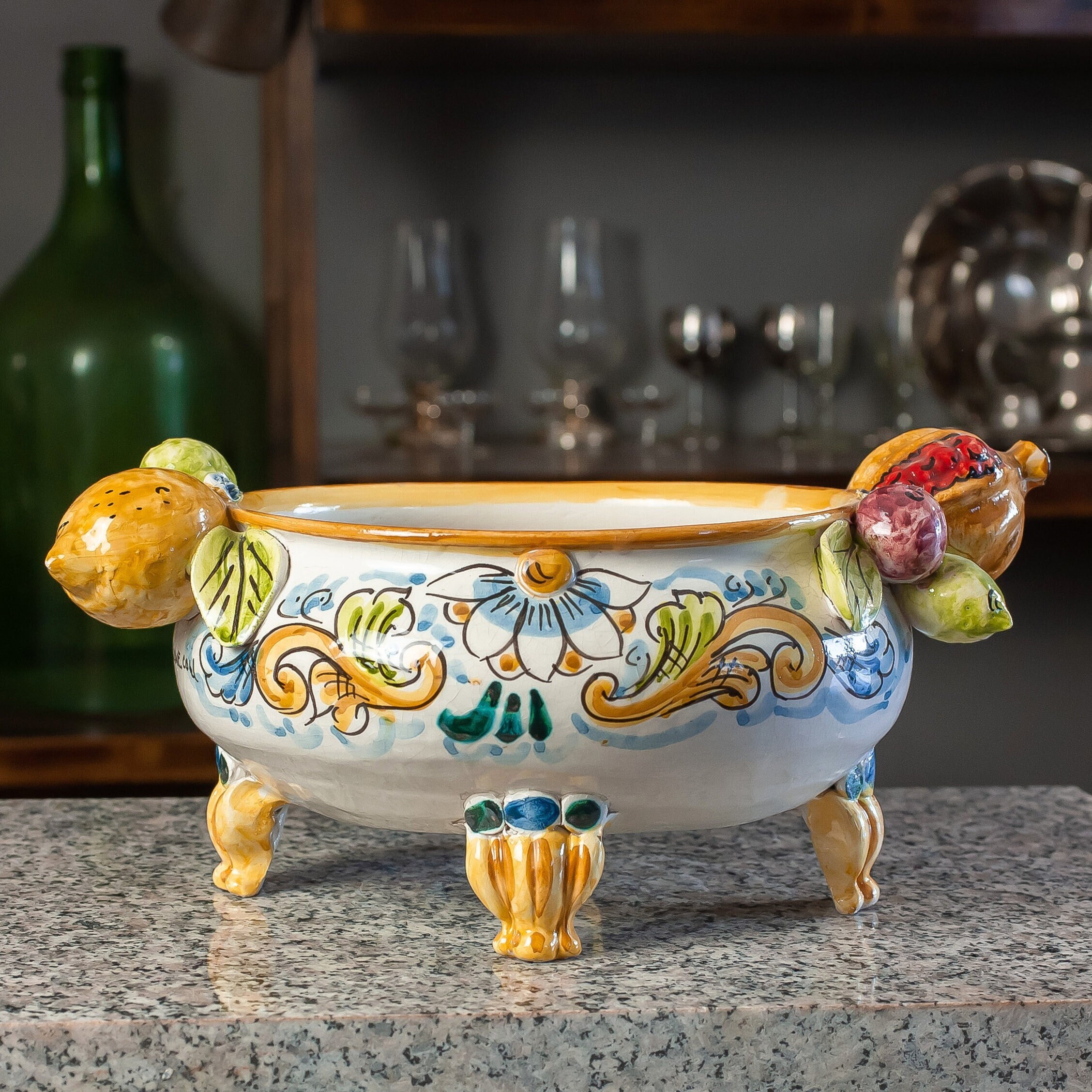 Oval centerpiece in Sicilian ceramic with application of fruit L. 17 x H. 34 cm