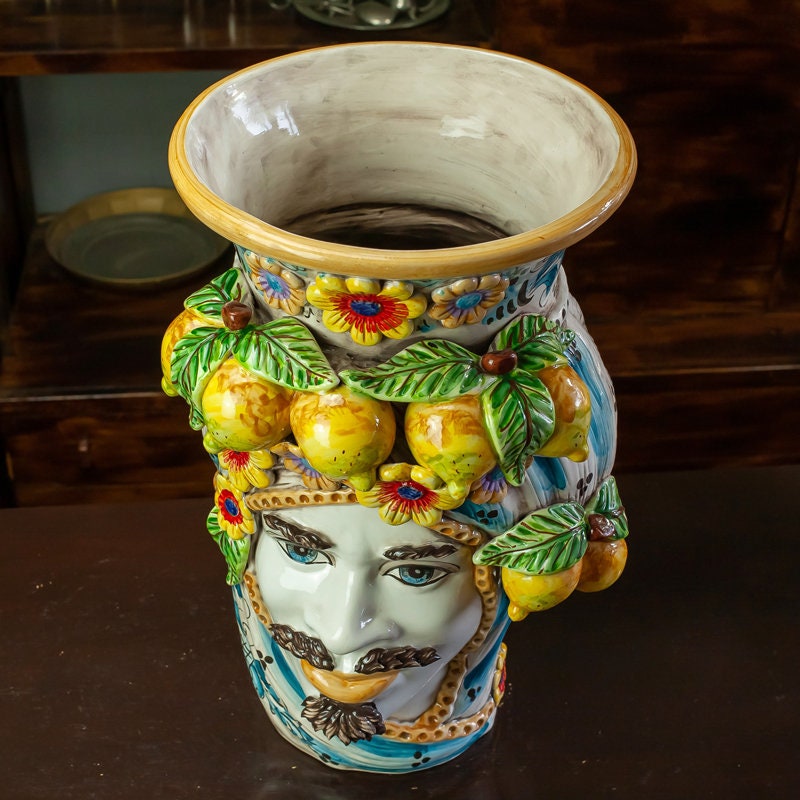 Ceramic Heads Vases - Sicilian Ceramic Moorish Heads Fruit H