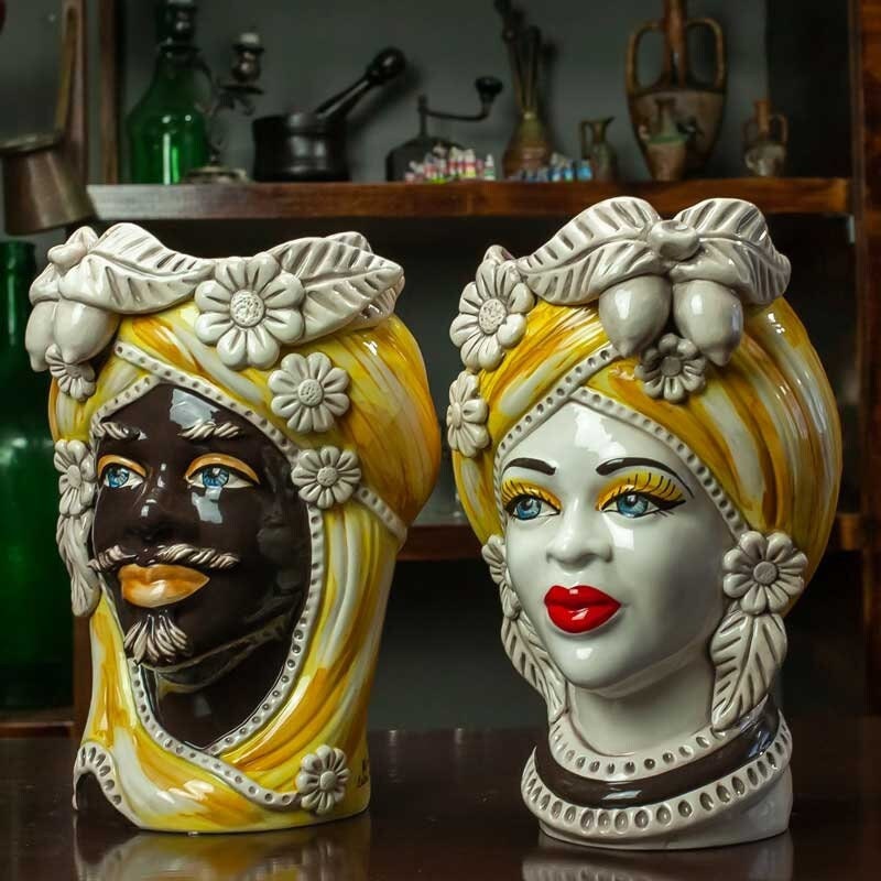 Sicilian Ceramics "Head Vases" - Sicilian Ceramic Moor's Heads Yellow with Fruit L. 18 X H. 27 cm