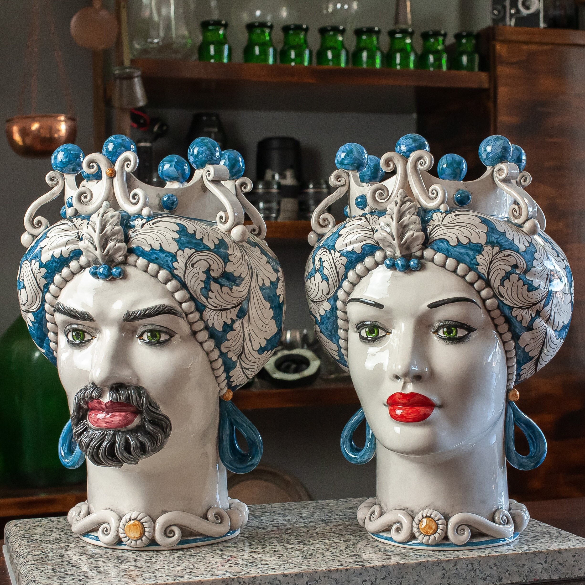 Sicilian ceramic Moor's head Caltagirone Blue L. 30 x H. 42
