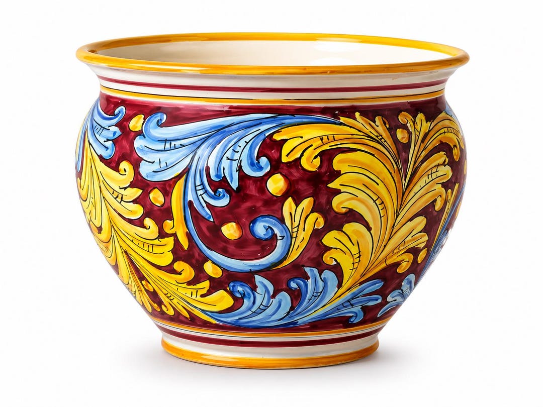 Sicilian Ceramic Plant Pot Bordeaux Blue Leaves 40 Cm - Etsy