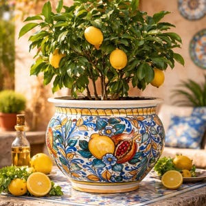May include: A lemon tree in a decorative ceramic pot. The pot features a colourful floral design in blue, yellow, and red. The tree is laden with ripe yellow lemons. The pot sits on a patterned tile surface. The pot's diameter is approximately 40 cm.