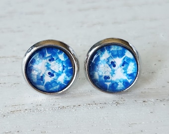 Blue and White Floral Stud Earrings