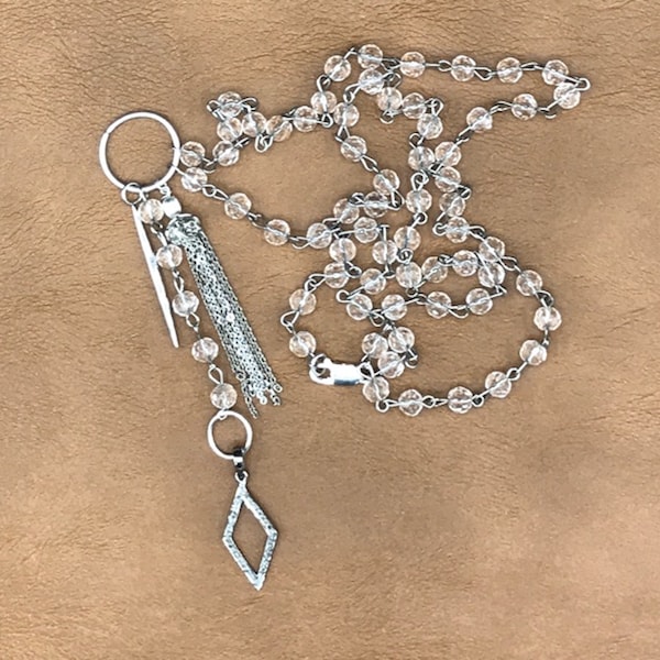 Crystal rosary chain, pave diamond pendant, sterling silver tassel, sterling silver spike with sterling findings