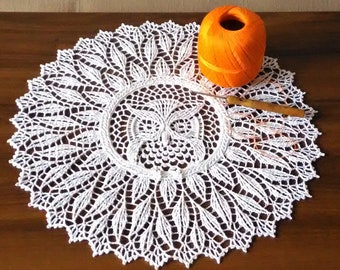 Crochet doily OWL Round embossed, textured lace 3D Handmade napkin READY To SHIP New Gift wrapped Decoration, leaves, forest, nature. Cotton