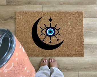 Evil Eye Doormat, Crescent Moon Evil Eye Doormat, Bohemian Doormat, Celestial Doormat, Doormat, Evil Eye Welcome Doormat