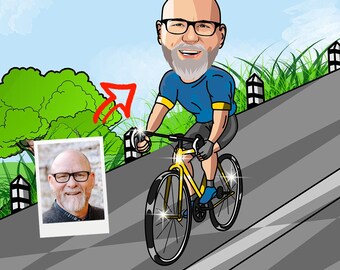 Personalized Cyclist Caricature Gift For Him | Custom Bicycle Cartoon | Unique Cycling Gift | Funny Hand-Drawn Portrait | Ideal for Cyclists