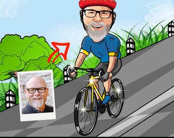 Personalized Cyclist Cartoon Portrait, Biker Gift, Custom Cyclist Caricature Drawing from Photo, Funny Cyclist Caricature, Gift for cyclist
