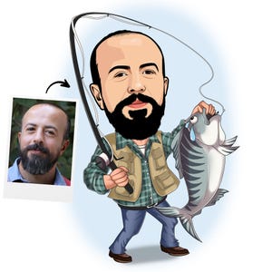 Personalisierte Fischer Cartoon Porträt, benutzerdefinierte Fischer Karikatur Zeichnung vom Foto, lustige Fischer Karikatur, Geschenk für Fischer