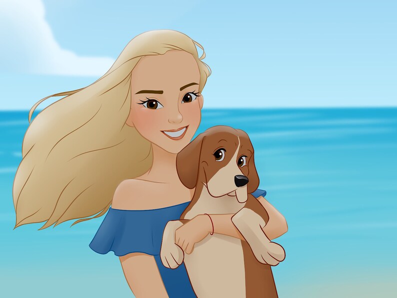 Puede incluir: Una joven con el pelo largo y rubio sostiene un cachorro marr&oacute;n y blanco en sus brazos. Lleva una blusa azul de hombros descubiertos y sonr&iacute;e a la c&aacute;mara. El fondo es un oc&eacute;ano y un cielo azules.