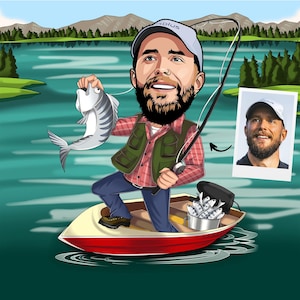 Custom Fisherman Cartoon Portrait, Gift for Fisher, Fisherman Caricature, Fisher Cartoon, Custom Caricature, Fisher Caricature from Photo