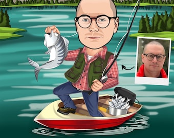 Cartoon Fisherman Portrait, Personalized Fishing Gift For Men, Fishing Gift, Fishing Gifts For Men, Fishing, Fish