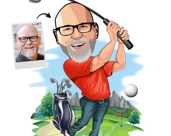 Personalized Golfer Caricature Portrait, Custom Golf Gift (Digital File)