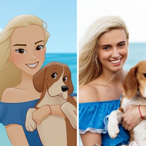 Puede incluir: Una mujer con el pelo largo y rubio sostiene un perro beagle marr&oacute;n y blanco. Lleva una blusa azul de hombros descubiertos. El fondo es un oc&eacute;ano azul.