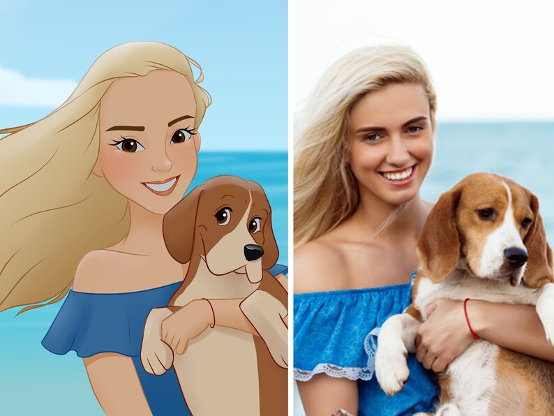 Puede incluir: Una mujer con el pelo largo y rubio sostiene un perro beagle marr&oacute;n y blanco. Lleva una blusa azul de hombros descubiertos. El fondo es un oc&eacute;ano azul.