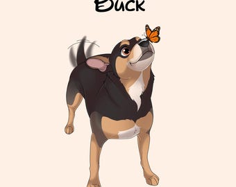 May include: A digital illustration of a black, tan, and white dog with a wagging tail looking up at an orange and black monarch butterfly perched on its nose. The word "Buck" is written in black cursive script above the dog's head.