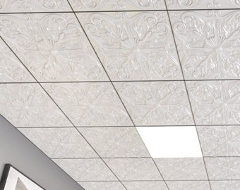 Art3d Decorative Ceiling Tile 2x2 Glue up, Lay in Ceiling Tile 24x24 Pack of 12pcs Spanish Floral in Matt White, Black