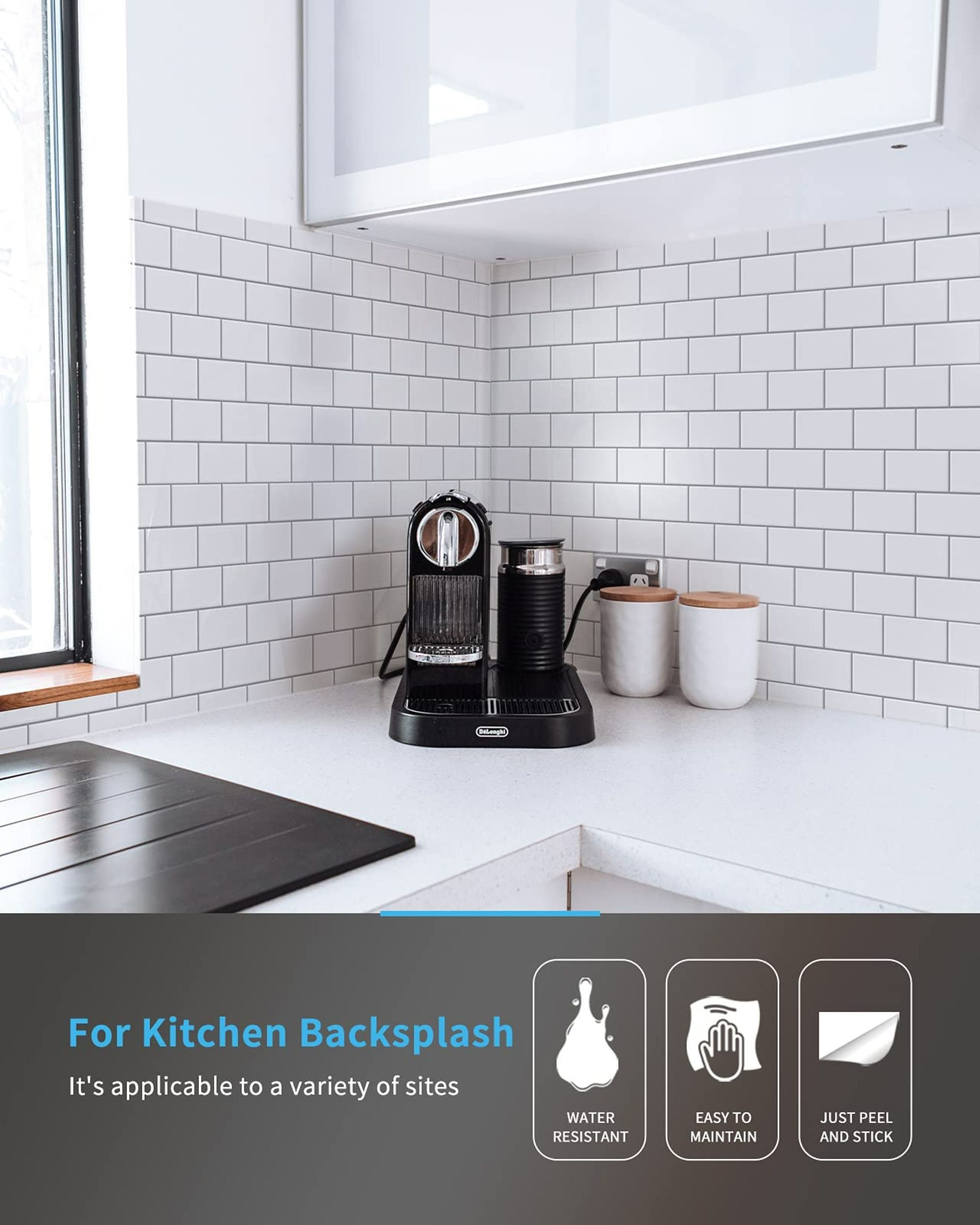 LONGKING 10-Sheet Peel and Stick Backsplash Tile for Kitchen Backsplash,  12x12 inches Off White Subway Tile with Grey Grout 