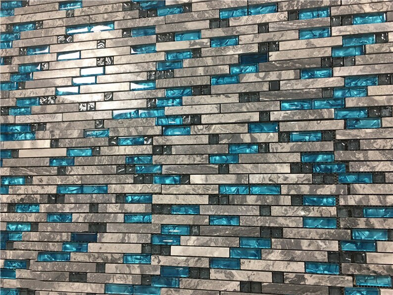 Decorative Blue Glass Mosaic Tile Gray Stone Wall Kitchen Etsy