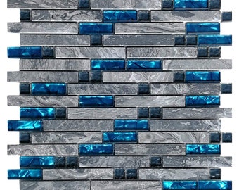 Decorative Blue Glass Mosaic Tile Gray Stone Wall Kitchen Bathroom Backsplashes Tile Subway Tiles(5 sheets) Art 3D