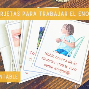 May include: A set of printable cards with colourful illustrations and text in Spanish. The cards are designed to help children learn about and manage anger. The text on the cards reads "Tarjetas para trabajar el enojo" and "Habla acerca de la situación que te hizo sentir enojad@."