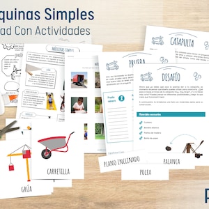 May include: A collection of educational printables titled "Máquinas Simples Unidad Con Actividades" featuring illustrations of simple machines like a crane, wheelbarrow, and inclined plane. The pages include diagrams, activities, and the word "PDF".